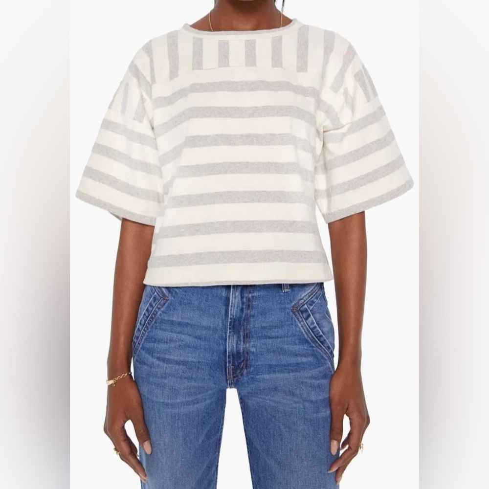MOTHER The Waiting in the Wings Short Sleeve Shirt Grey/ Cream Stripe Size XS